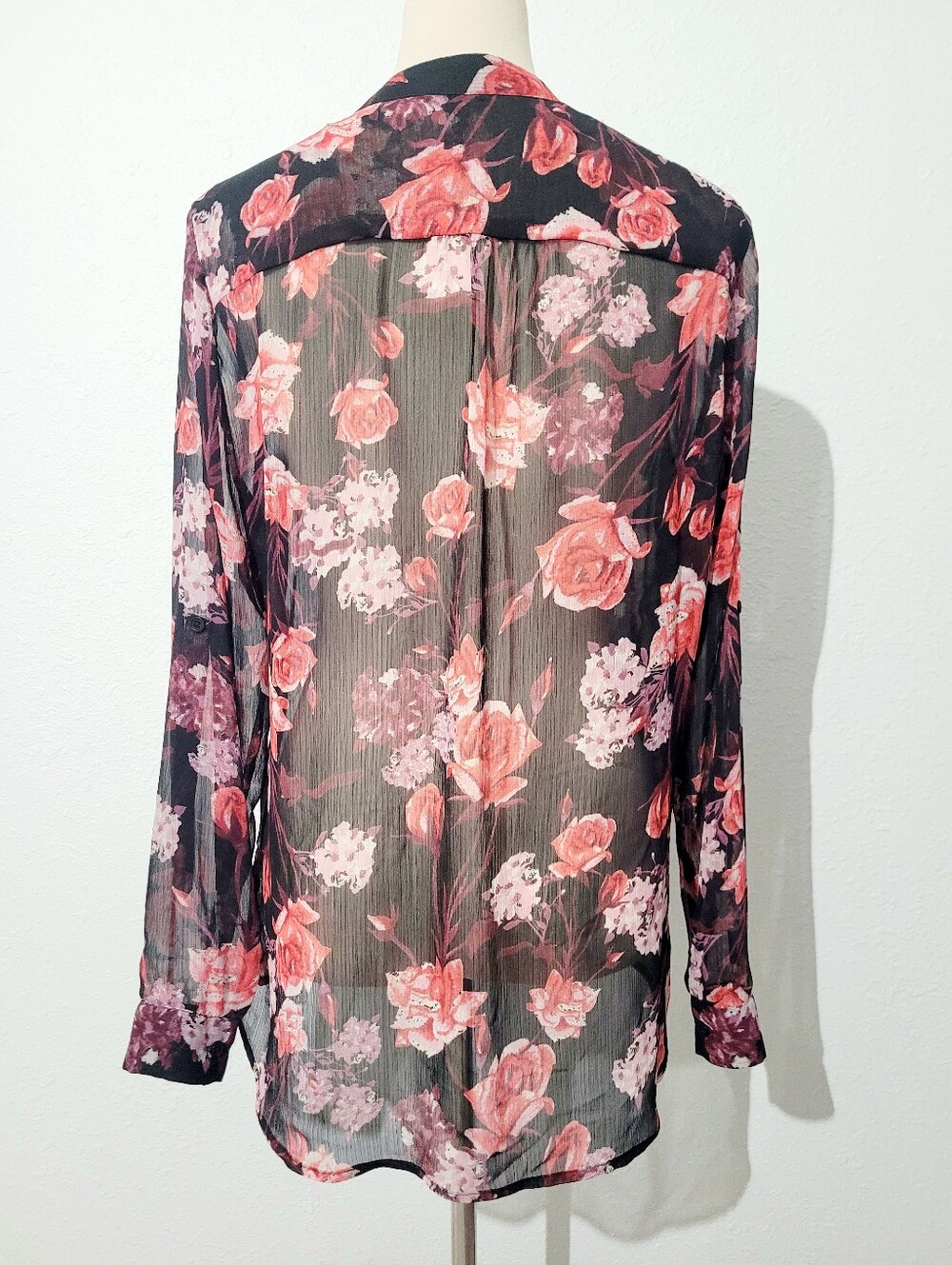Kut From The Kloth Floral Sheer Blouse Women's Large Button Front Long Sleeve - Picture 5 of 11